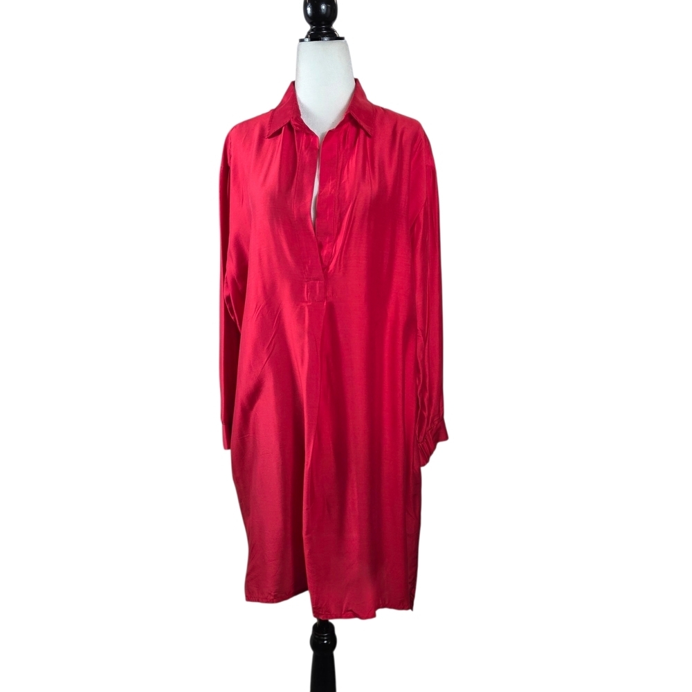 SHAN silk V neck long sleeves Vibrant Red vacation or lounge dress
